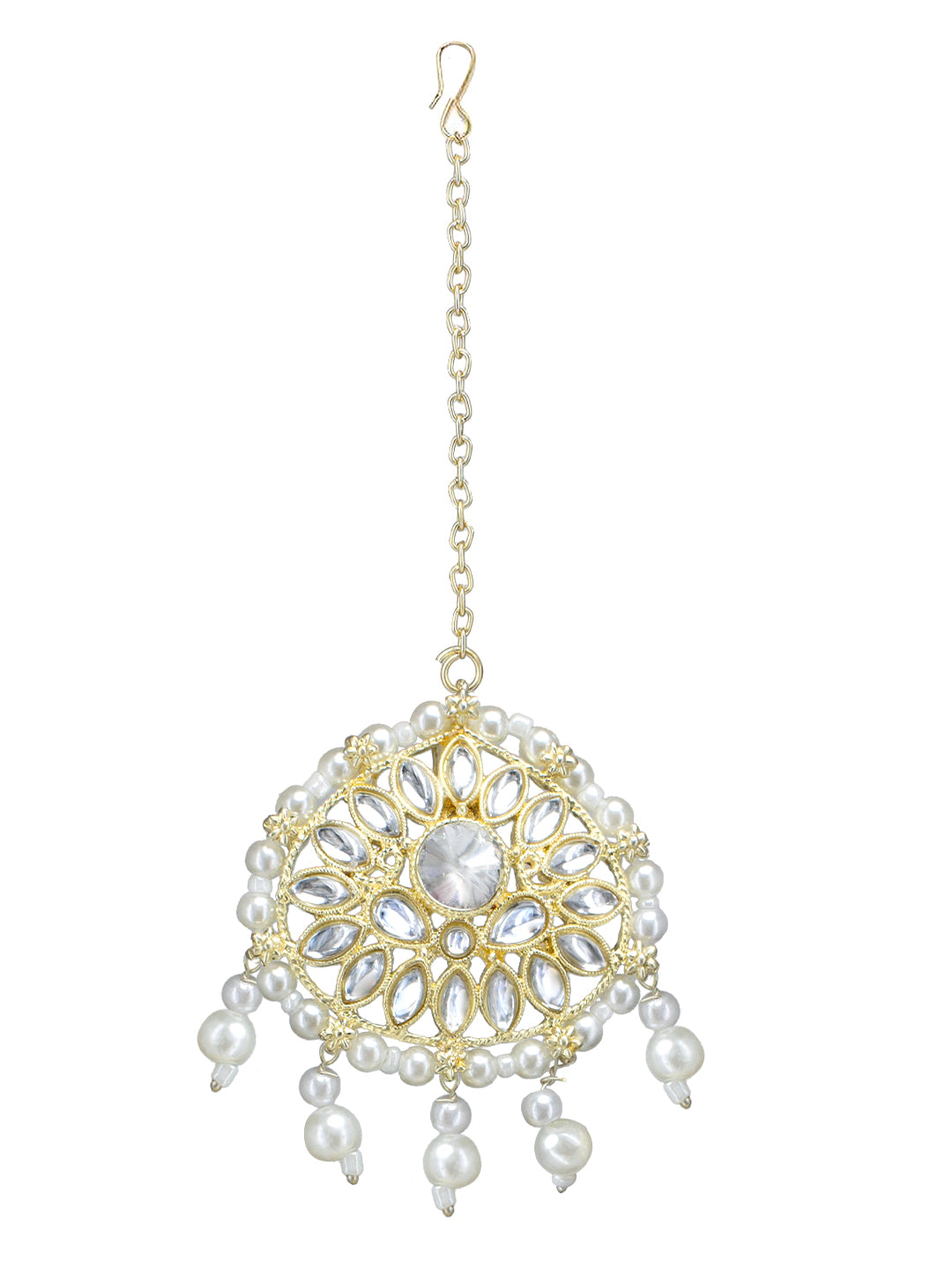 Gold- Plated Kundan Stone Studded Beaded Jhumka Earrings With Maangtika