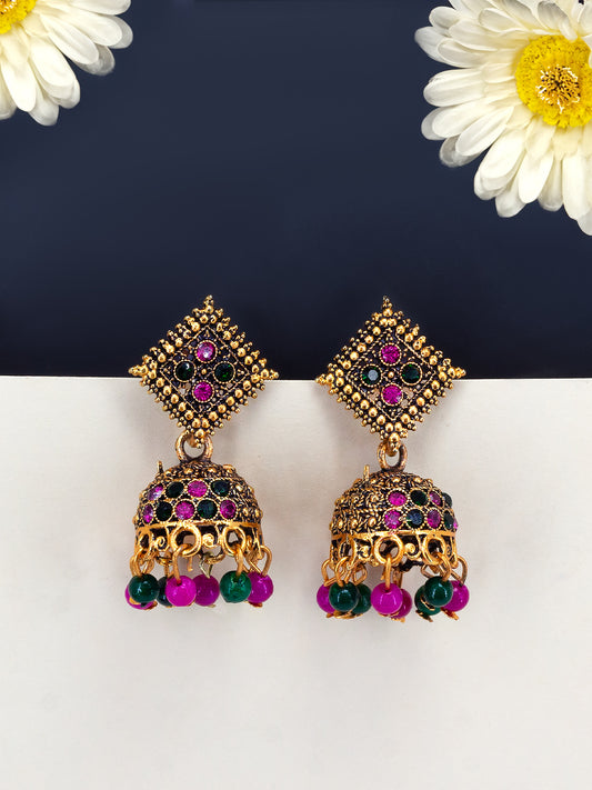 Antique Gold Plated Square Artificial Stone & Beaded Jhumki Earrings