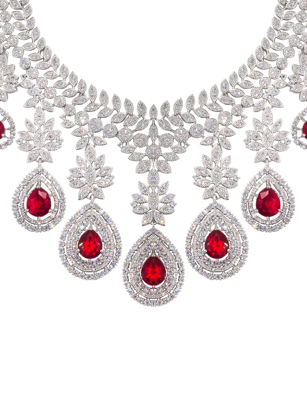 Rhodium Plated Red American Diamond Teardrop Jewellery Set