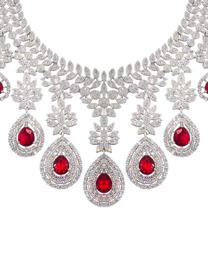Rhodium Plated Red American Diamond Teardrop Jewellery Set
