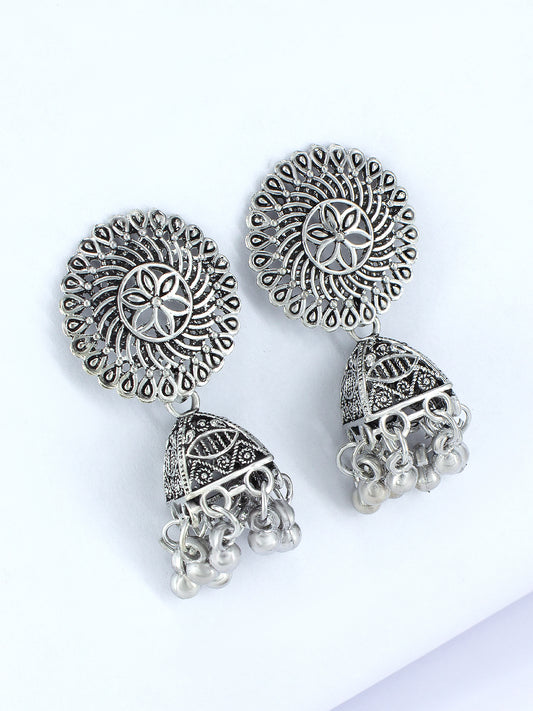 Oxidized Floral Jhumka Earrings