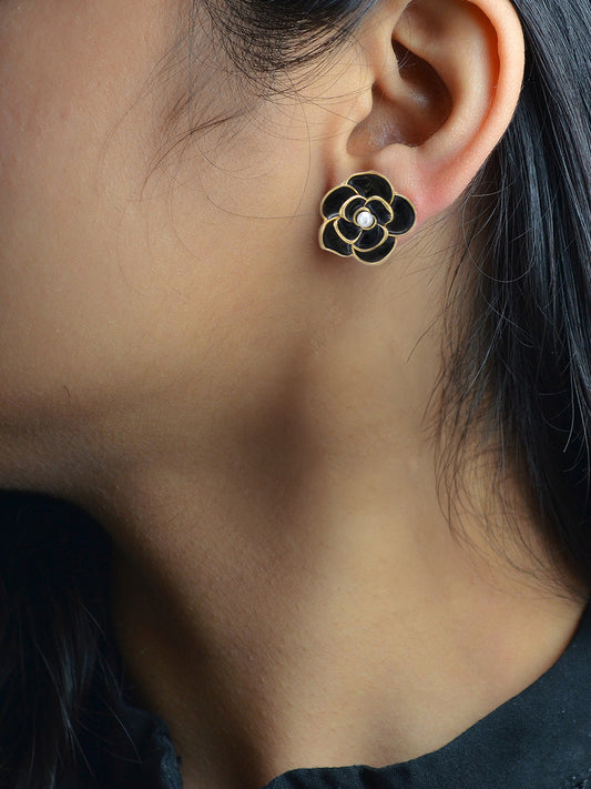 Gold-Plated Black Floral Studs Earrings