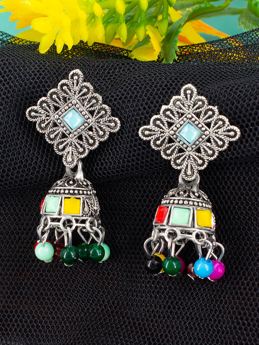 Oxidized Square Multicolor Beads Drop Jhumka Earrings