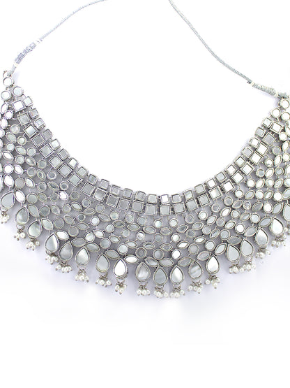 Silver-Plated Mirror-Studded & Beaded Jewellery Set With Maangtika