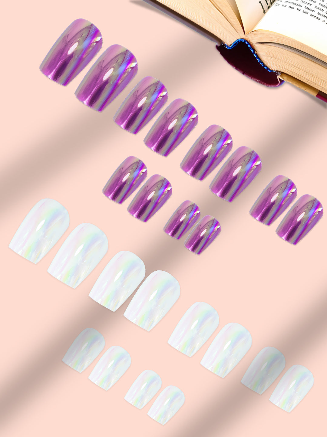 Set of 24 Purple and White Metallic Duochrome stick on nails