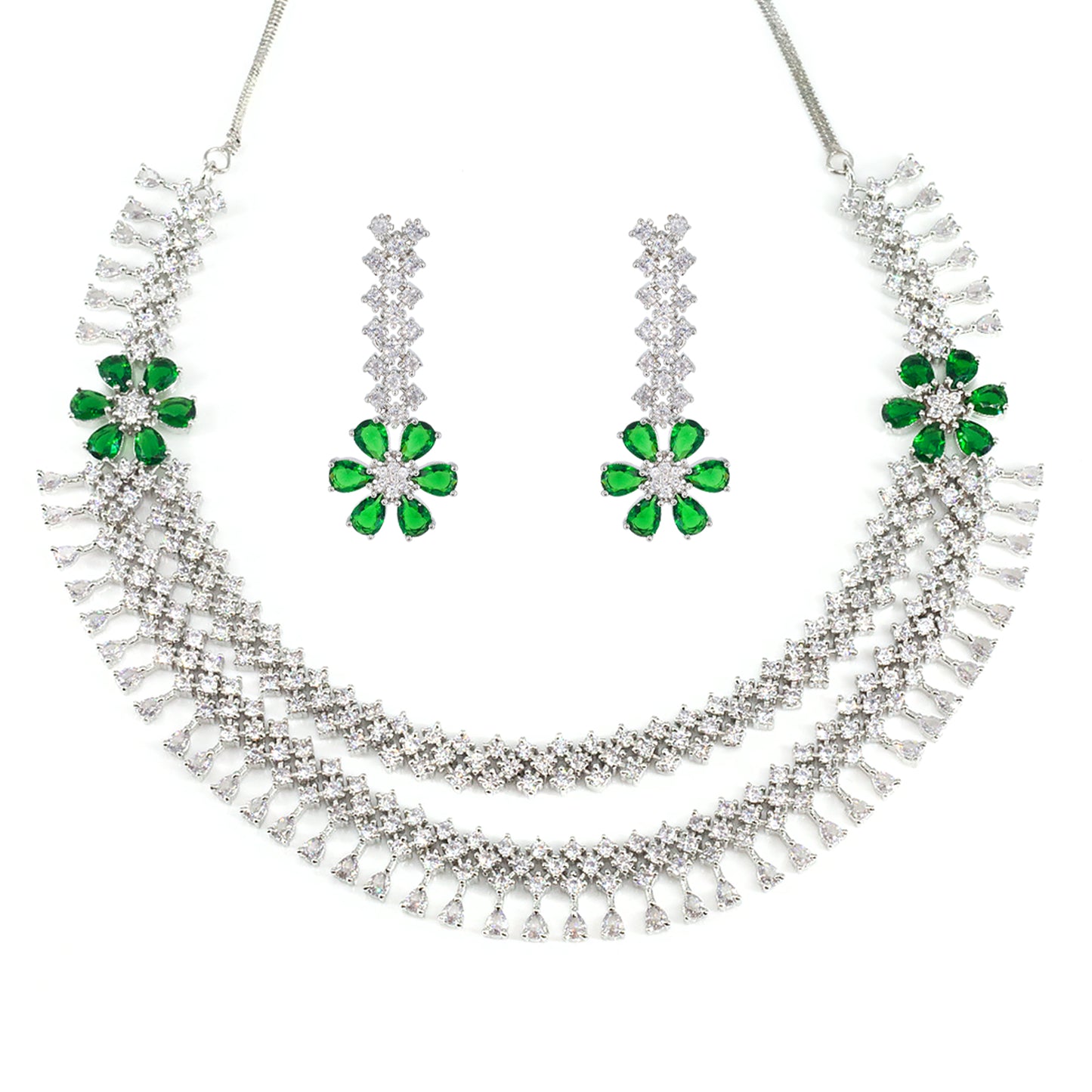 Green 2 Layer AD Studded Floral Jewellery Set