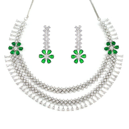 Green 2 Layer AD Studded Floral Jewellery Set