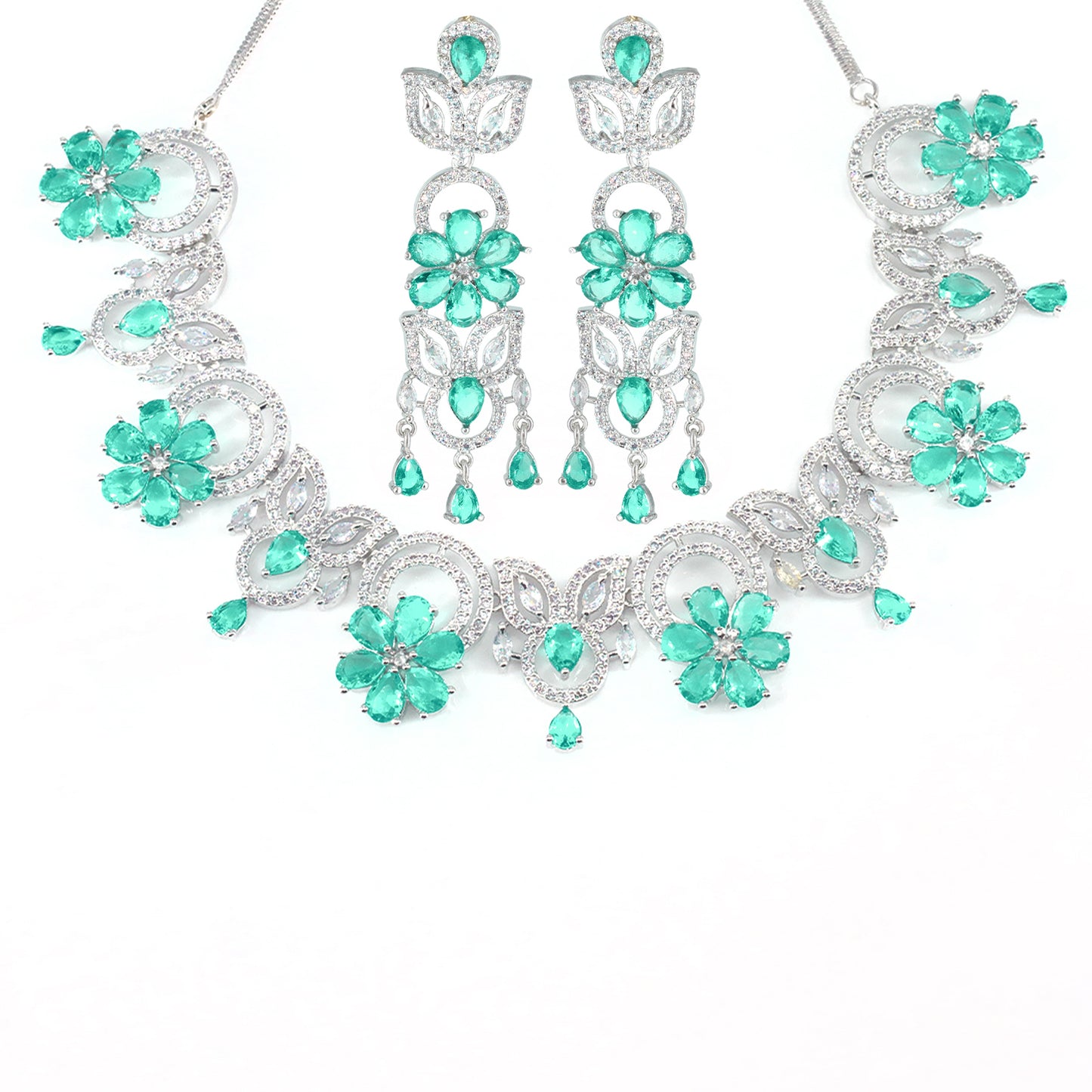 Mint Green AD Studded Floral Jewellery Set