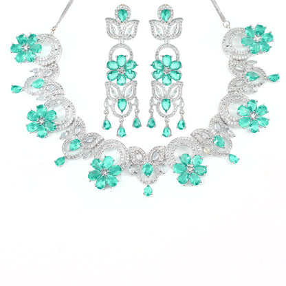 Mint Green AD Studded Floral Jewellery Set