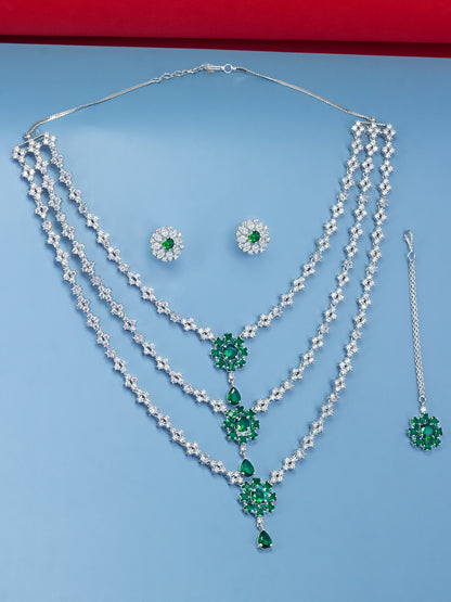 Trendy Green Three Layered AD Bridal Jewellery Set With Maangtika