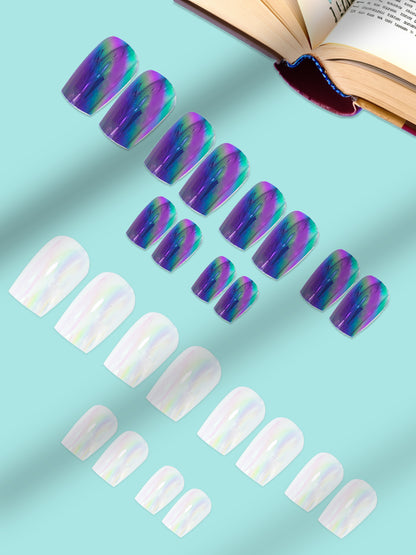 Set of 24 Blue and White Metallic Duochrome stick on nails