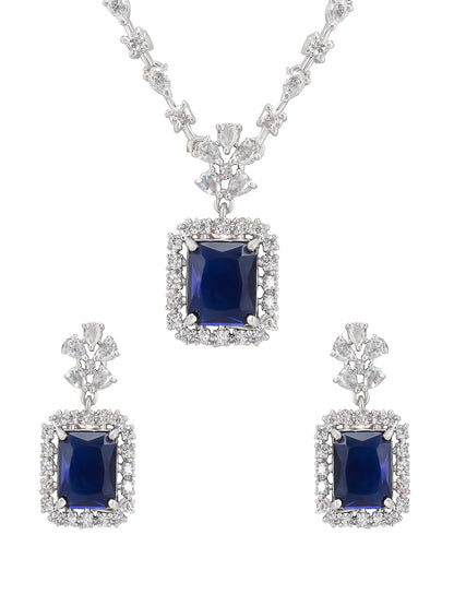 Rhodium-Plated Blue American Diamond Studded Jewellery Set