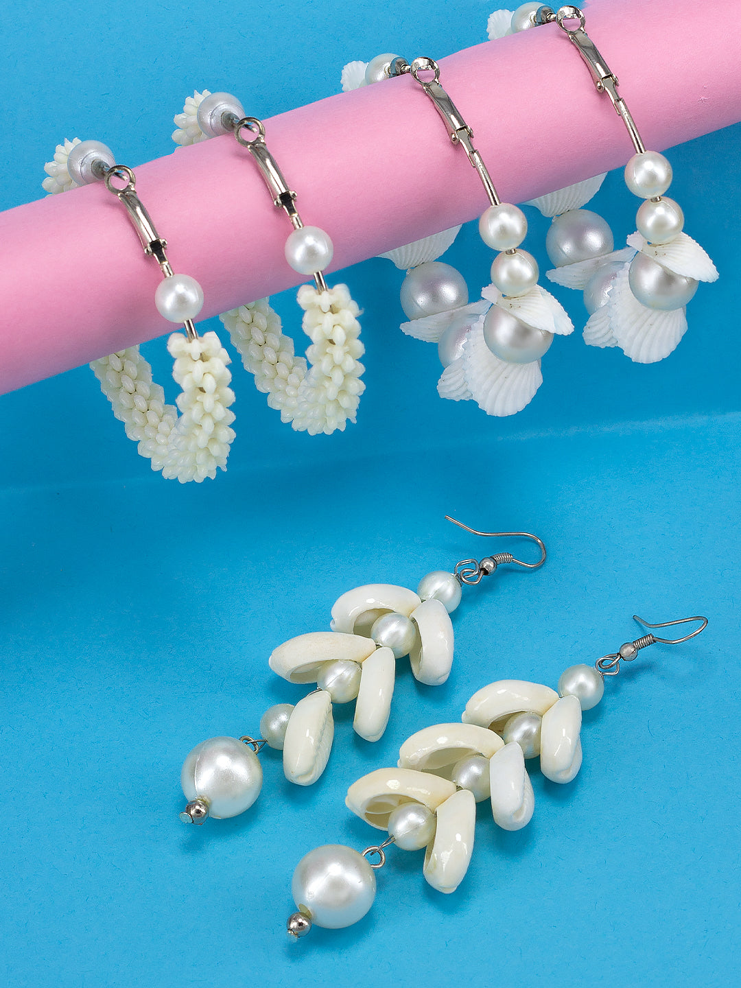 Pack of 3 Faux Pearl & Shells Hoop & Drop Earrings