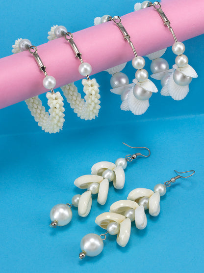 Pack of 3 Faux Pearl & Shells Hoop & Drop Earrings