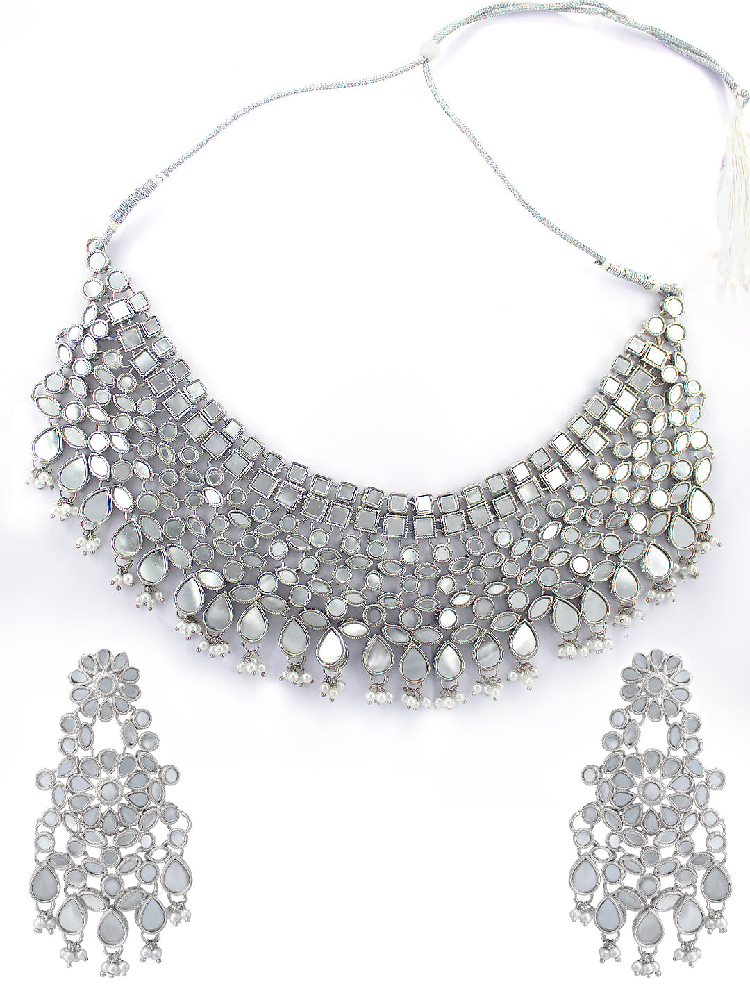 Silver-Plated Mirror-Studded & Beaded Jewellery Set With Maangtika