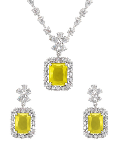 Rhodium-Plated Yellow American Diamond Studded Jewellery Set
