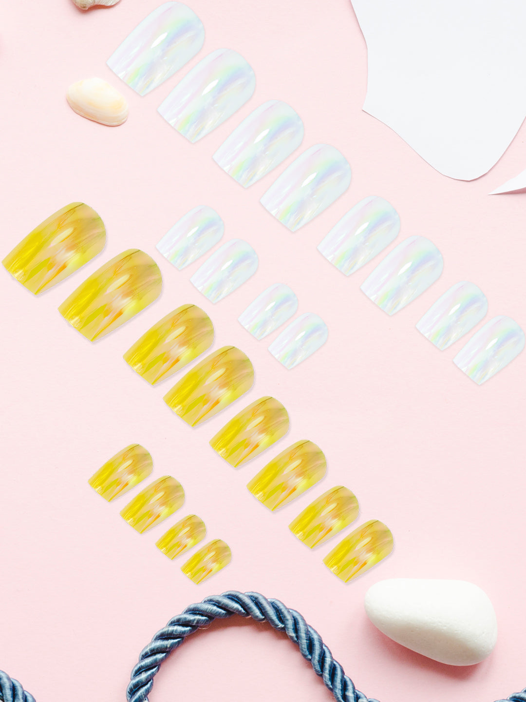 Set of 24 Gold and White Metallic Duochrome stick on nails