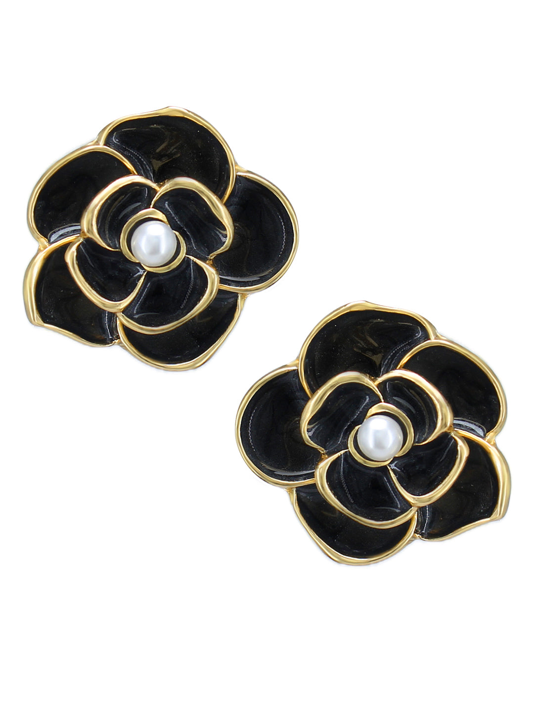 Gold-Plated Black Floral Studs Earrings