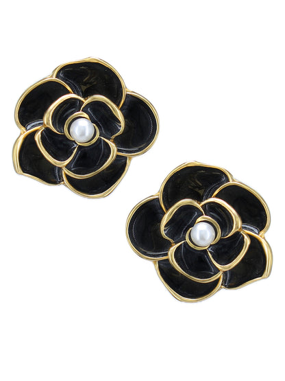 Gold-Plated Black Floral Studs Earrings