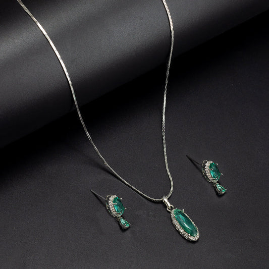 Rhodium-Plated American Diamond Studded Trendy Pendent & Earrings Set