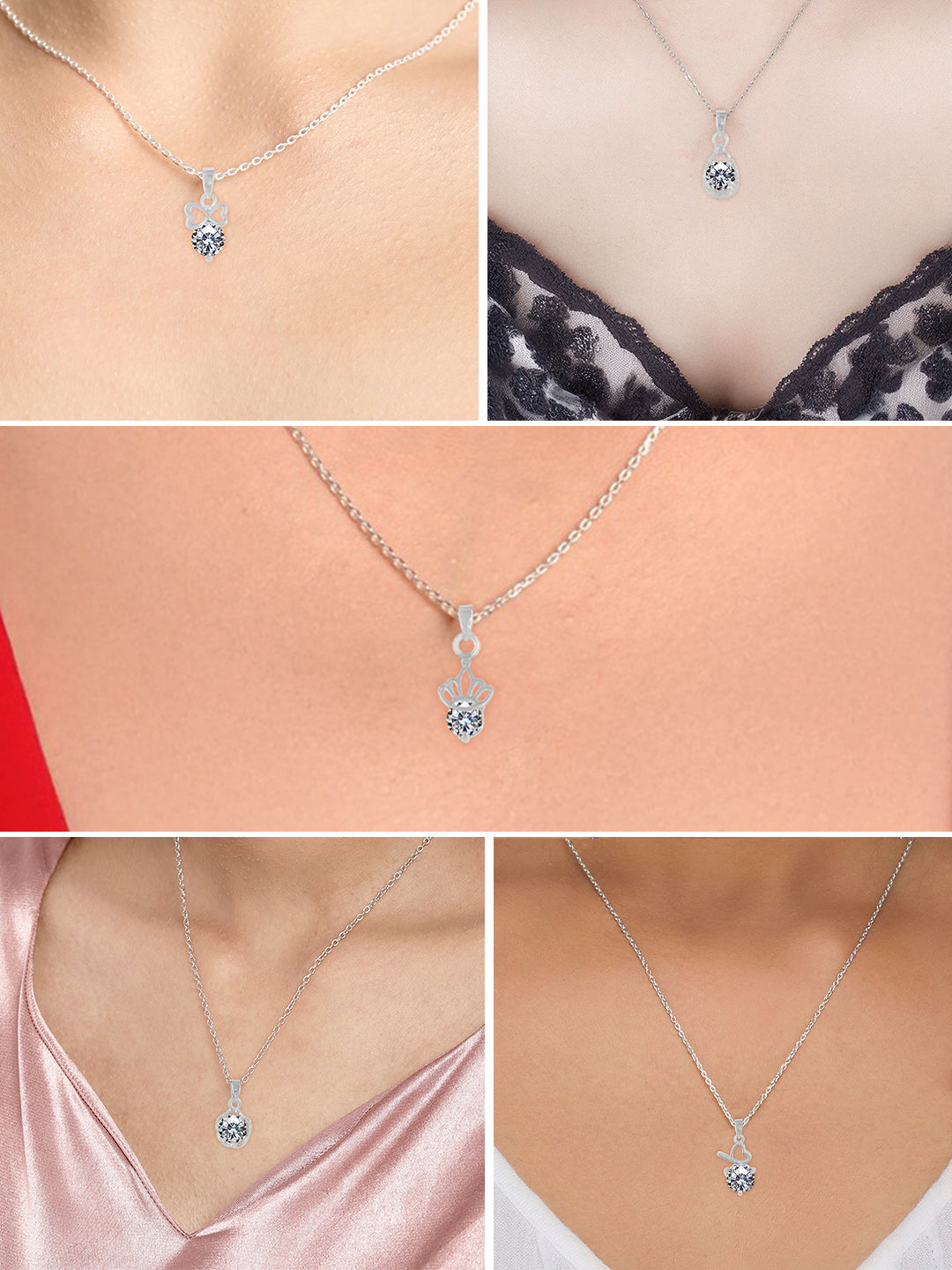 PRIVIU Silver Plated Solitaire Pendant with Chain Combo for Women (Set of 5)