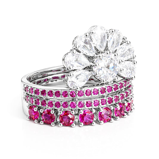 Silver Pink Stone Premium AD Ring – Dual-Layer with White Cluster Top