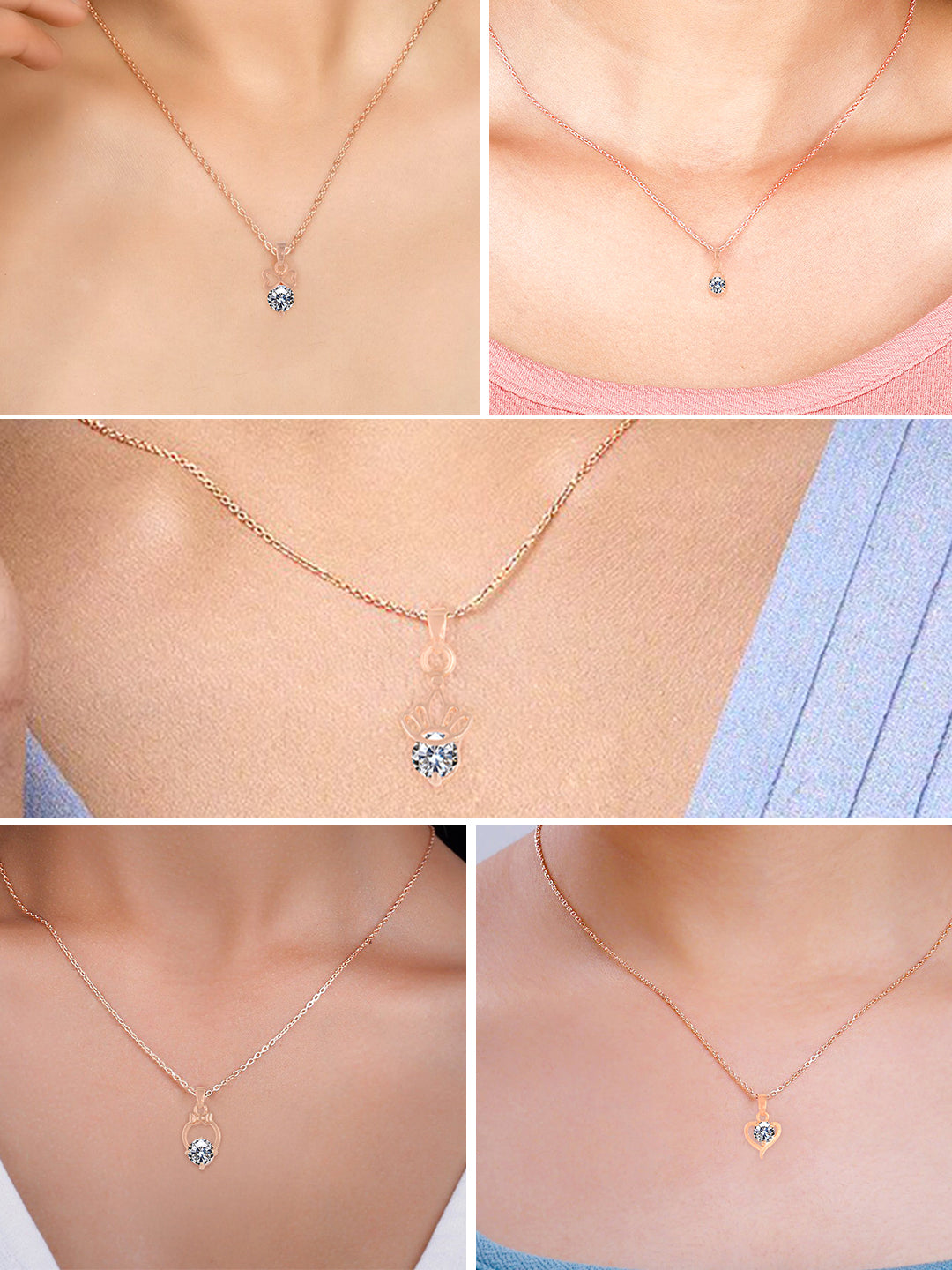 PRIVIU Teardrop, Heart, Round American Diamond Pendant Combo for Girls (Set of 5)