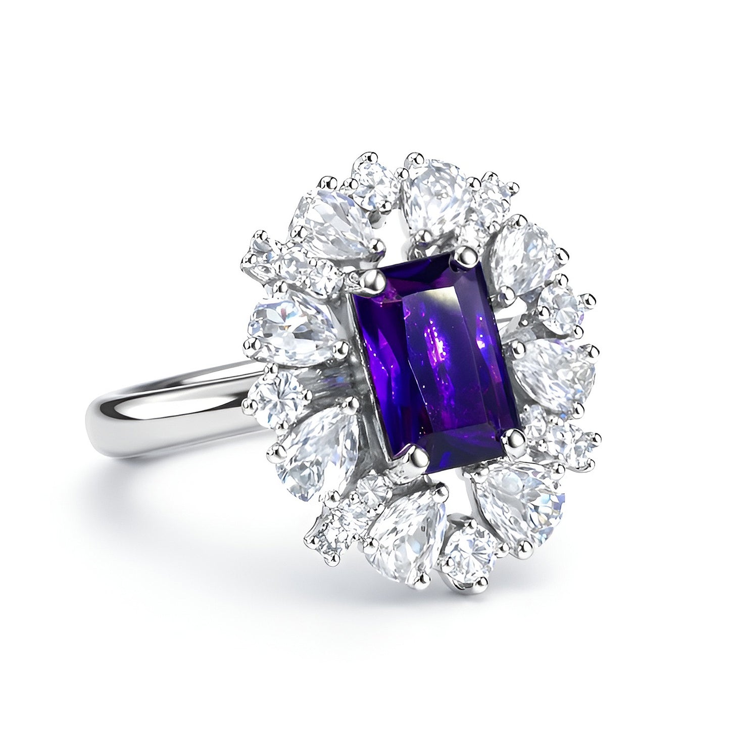 Silver Purple Stone Premium AD Ring – Rectangle-Cut with Pear Halo Design