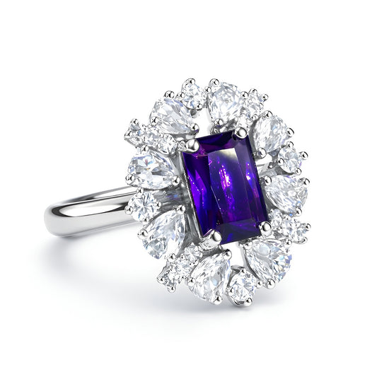 Silver Purple Stone Premium AD Ring – Rectangle-Cut with Pear Halo Design