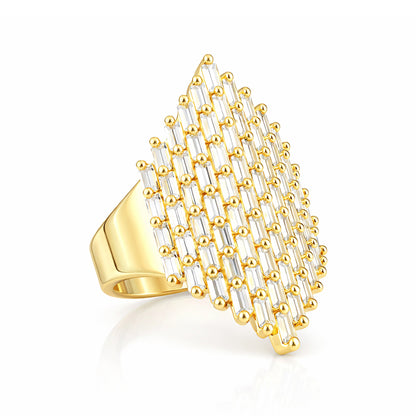 Gold Plated Baguette AD Statement Ring – Designer Oversized Look for Women