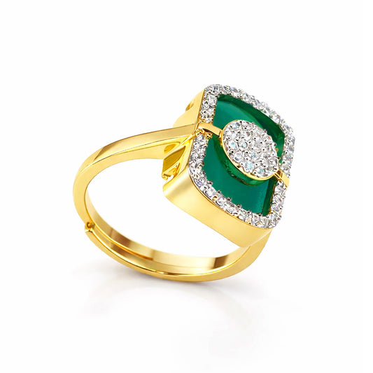 Gold Plated Green American Diamond Adjustable Finger Ring