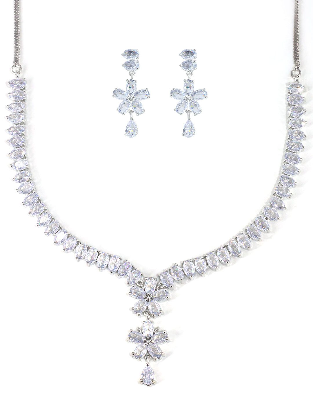 Rhodium Plated American Diamond Floral Drop Jewellery Set