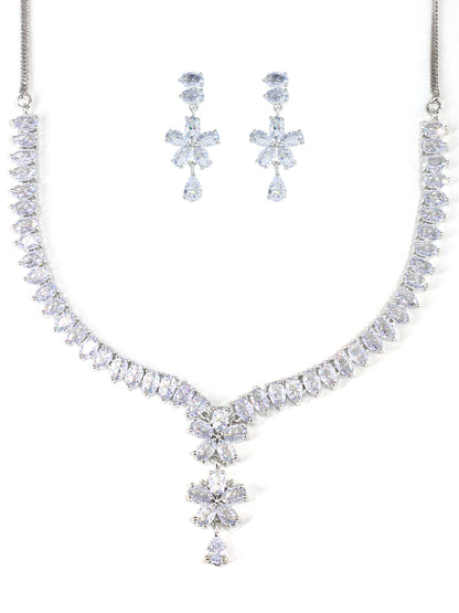 Rhodium Plated American Diamond Floral Drop Jewellery Set