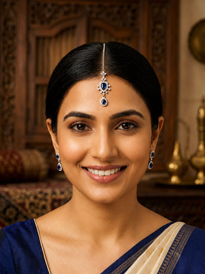 Silver Plated Blue AD Maang Tikka for Women