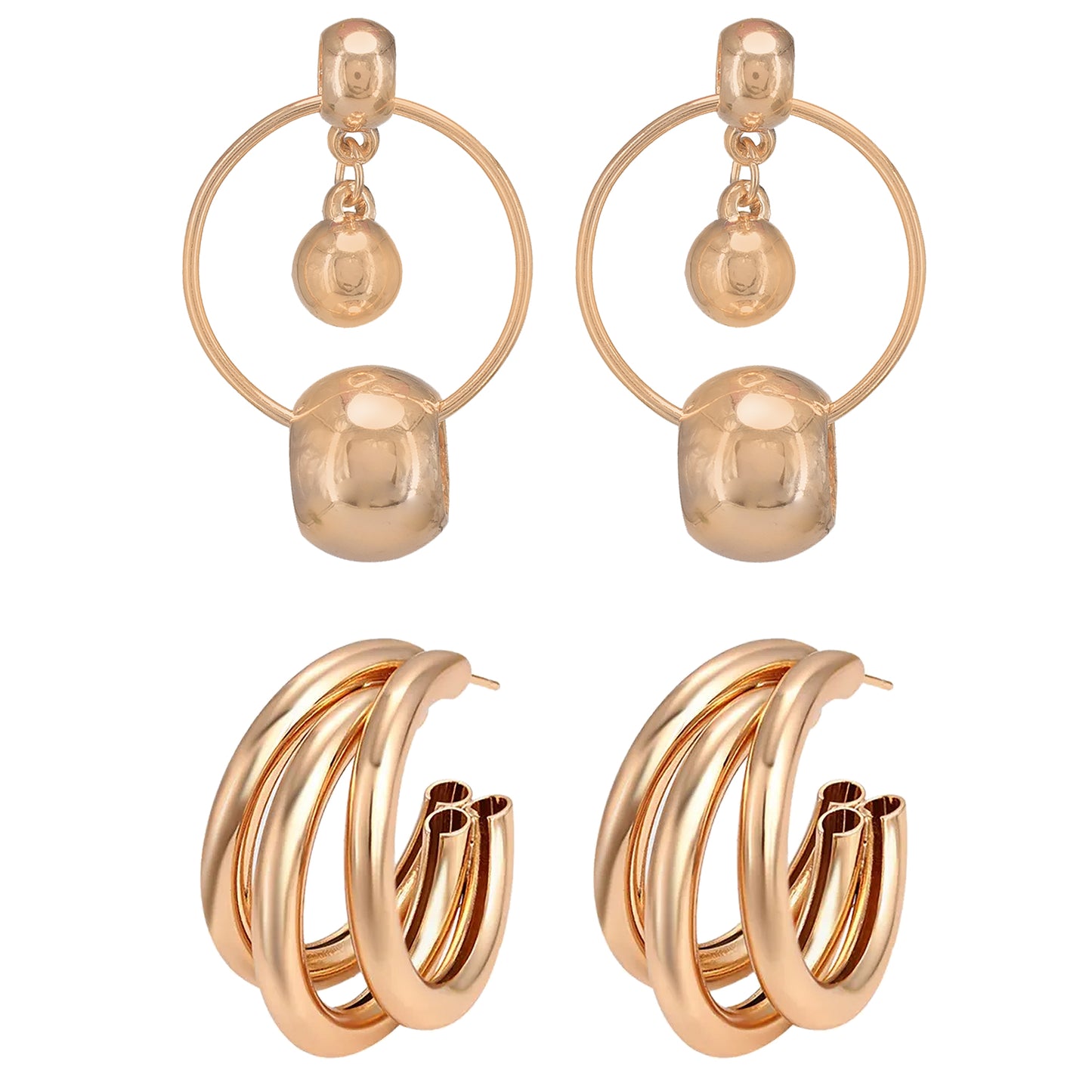 Set of 2 Rose Gold Plated hoop and drop hoop Earrings for women and girls