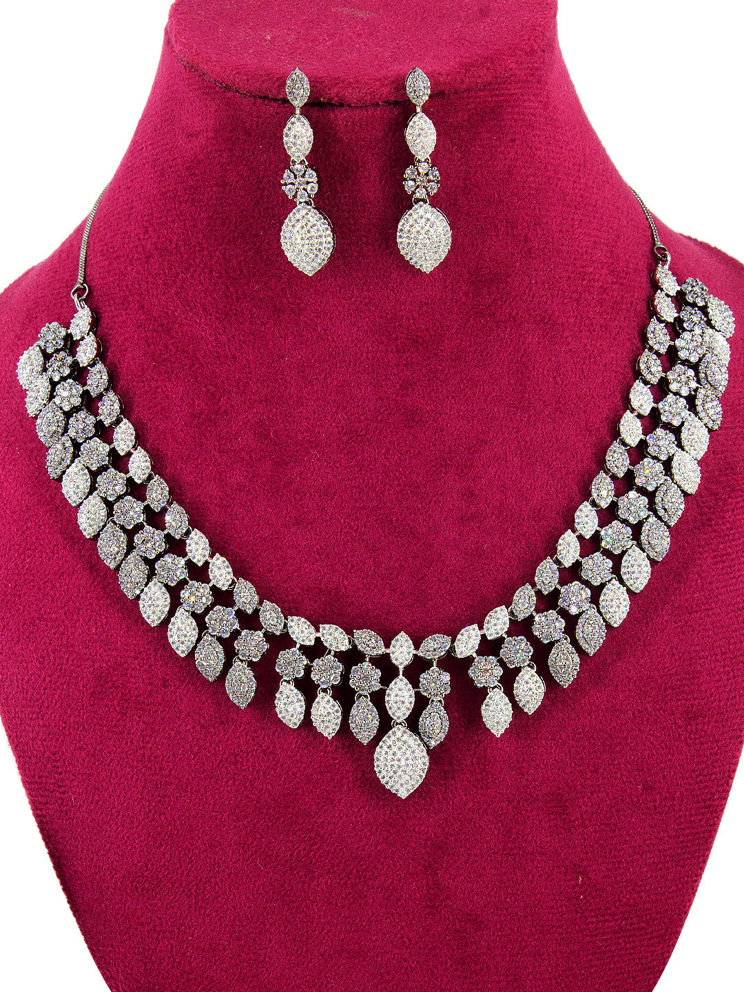 Silver Plated Black AD Floral Designer Jewellery Set