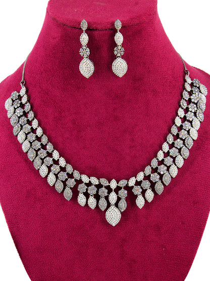 Silver Plated Black AD Floral Designer Jewellery Set