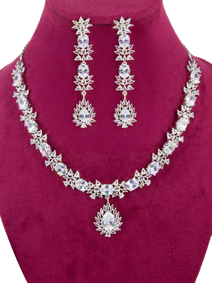 American Diamond Floral Design White Drop Jewellery Set For Women And Girls