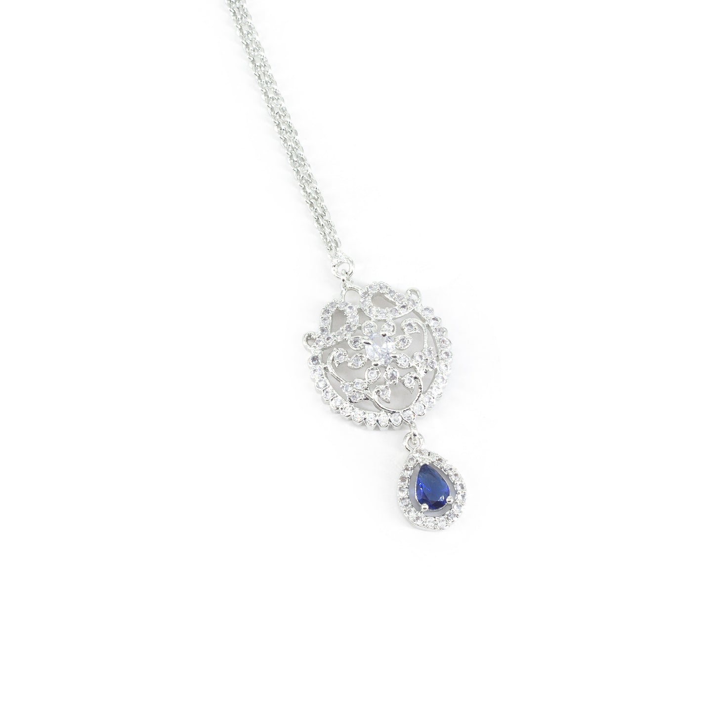 Silver Plated Blue AD Floral Maang Tikka for Women
