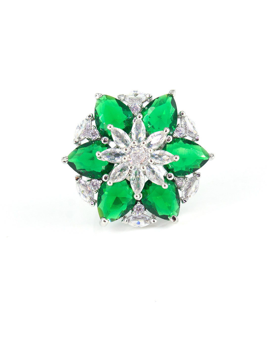 Silver Plated Green Floral AD Adjustable Ring For Women