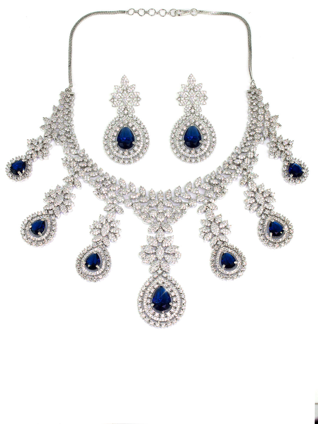 Rhodium-Plated Blue Statement AD-Studded Bridal Jewellery Set