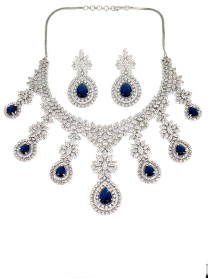 Rhodium-Plated Blue Statement AD-Studded Bridal Jewellery Set