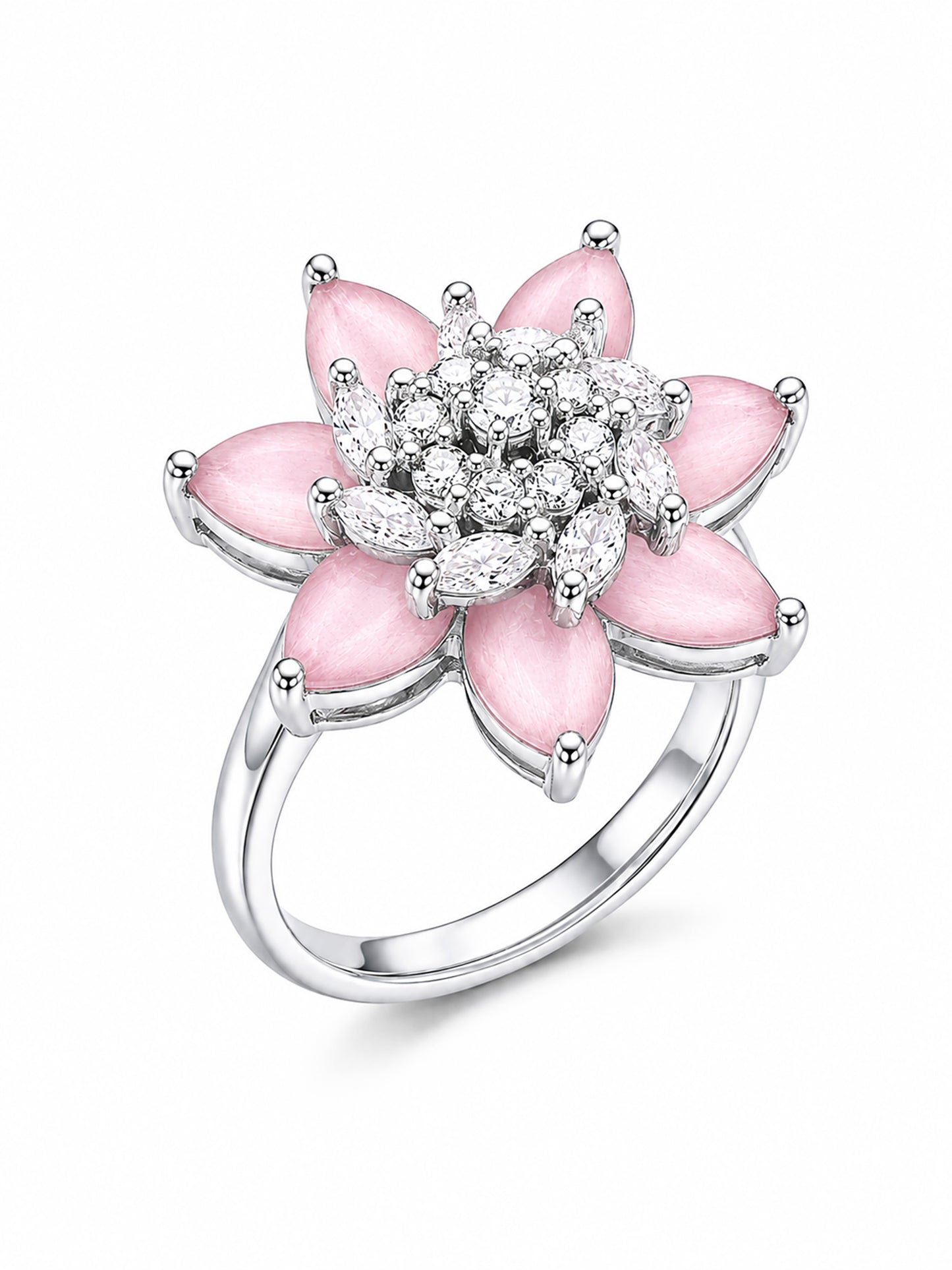 Rhodium Plated Pink AD Floral Finger Ring for Women
