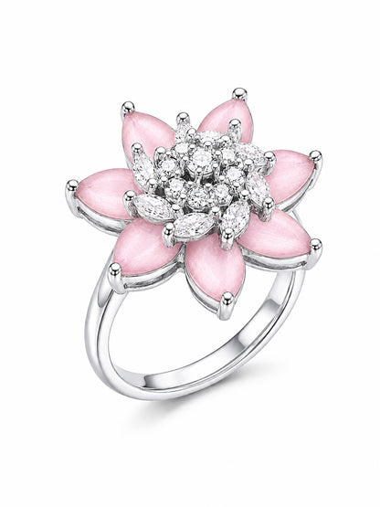 Rhodium Plated Pink AD Floral Finger Ring for Women