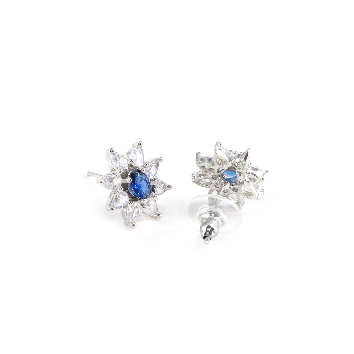 Rhodium Plated Blue AD Floral Studs for Women