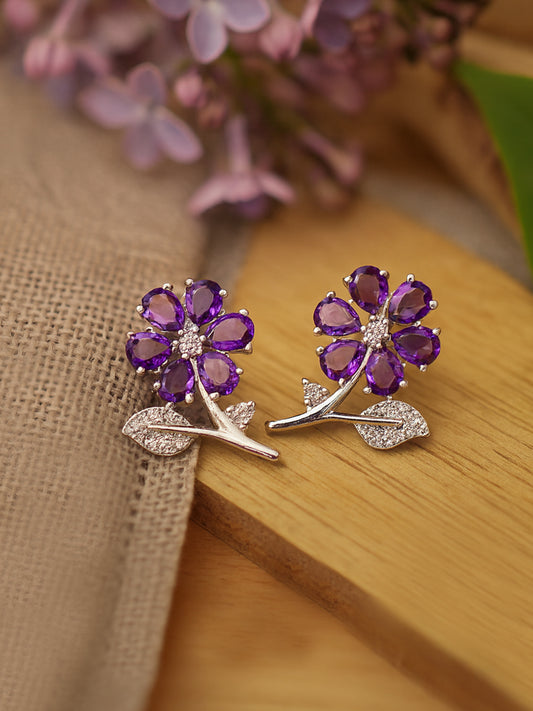 Silver Plated Purple AD Floral Stud Earrings for Women