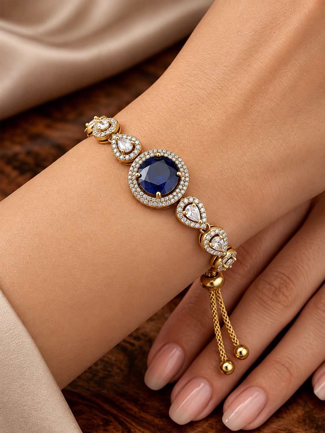 Antique Gold Plated Blue AD Adjustable Bracelet for Women