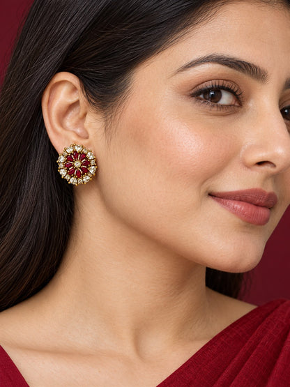 South Indian Gold Plated Red AD Floral Stud Earrings for Women