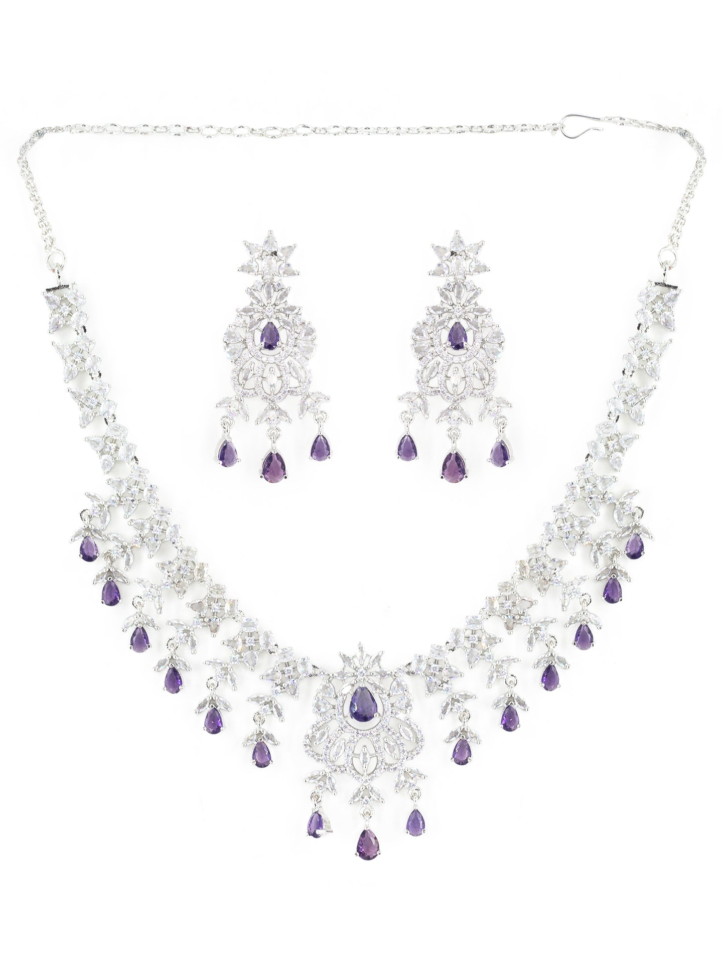 Rhodium Plated Purple & White AD Jewellery Set