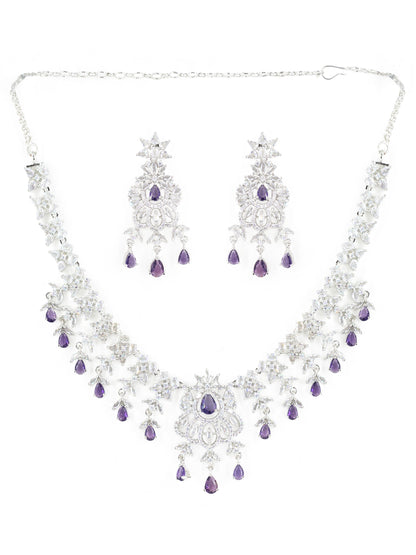 Rhodium Plated Purple & White AD Jewellery Set